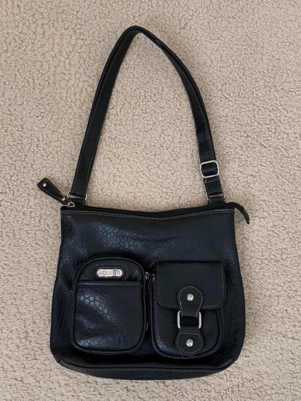 Rosetti Black Faux-Leather Shoulder Bag with Front Pockets